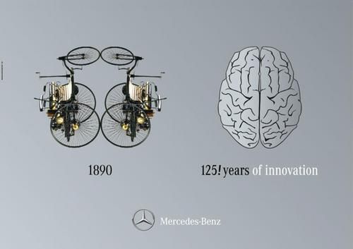 На просьбу рекламодателей из Daimler AG израильские креативщики ответили серией принтов, в которых показали эволюцию автомобилей Mercedes-Benz в сравнении с эволюцией человеческого мозга за 125 лет инноваций. Полушария те же, машины другие.